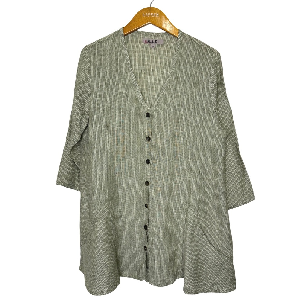 Flax Button Front Tunic Green/White Small Sample